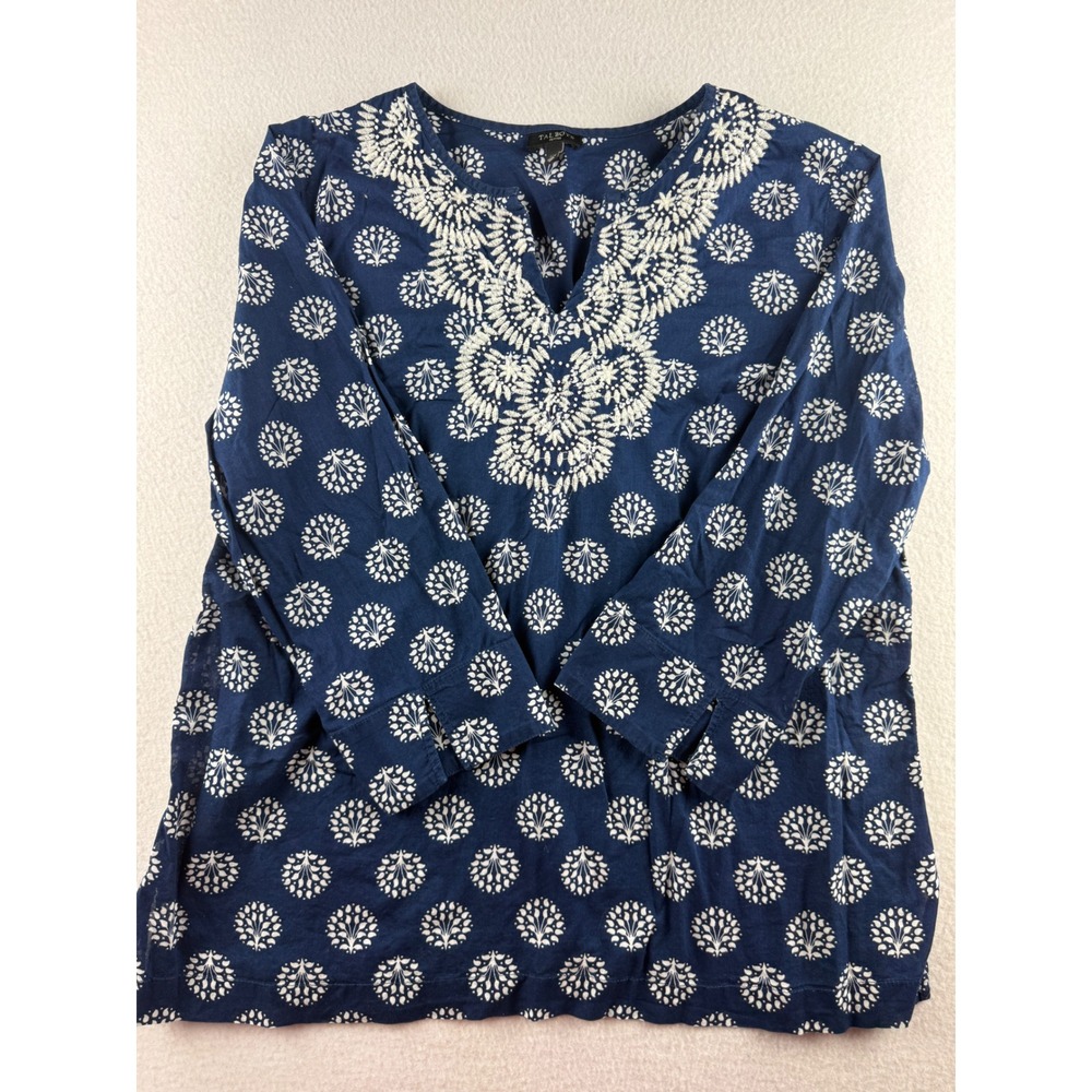 Talbots Petites Blue White Floral Cotton Embroideredβ Beaded Tunic Top LP